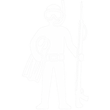 Icon of a person fully equipped with diving gear and holding a speargun and long freediving fins prepared to enter the water